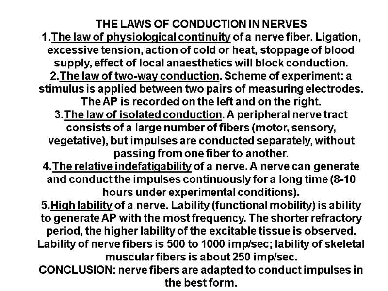 THE LAWS OF CONDUCTION IN NERVES 1.The law of physiological continuity of a nerve